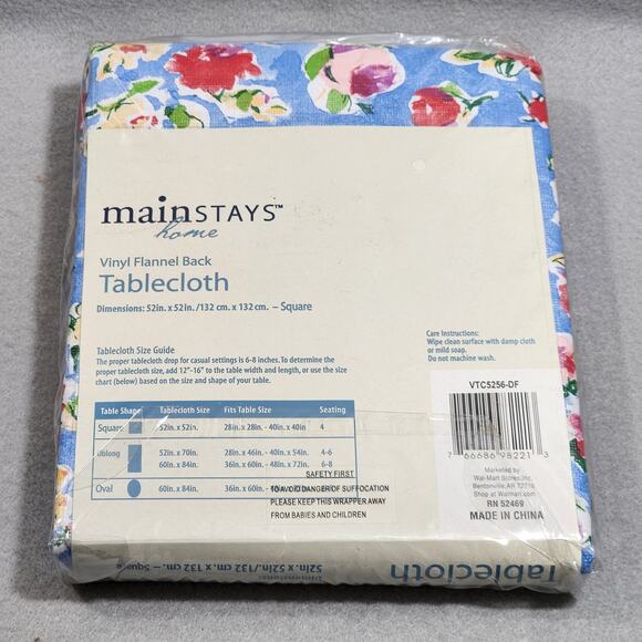 Mainstays Home Blue Floral Vinyl Flannel Back Tablecloth 52inx52in Square - NIP - Picture 3 of 5